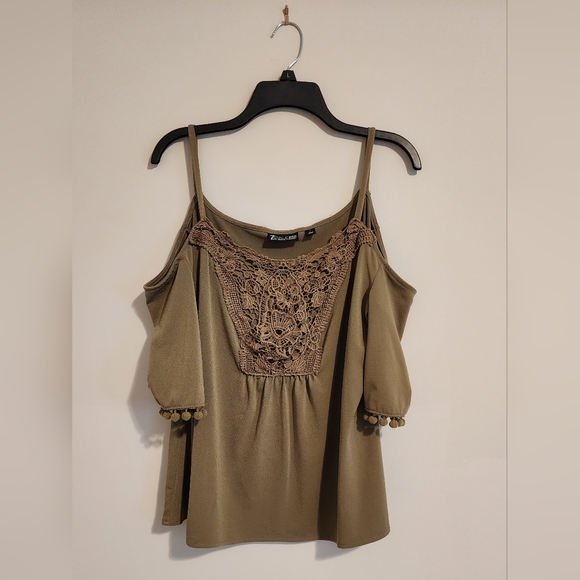 SET - New York & Company Olive Green Blouse and matching Stripe Pants - Picture 2 of 8